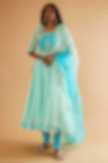 Firozi Blue Pure Mul Chanderi Karchobi Embroidered Wedding Anarkali Set by Sihali Jageer at Pernia's Pop Up Shop