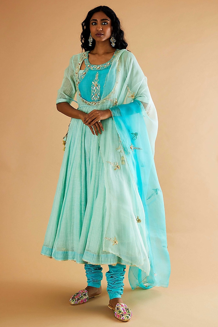 Firozi Blue Pure Mul Chanderi Karchobi Embroidered Wedding Anarkali Set by Sihali Jageer at Pernia's Pop Up Shop