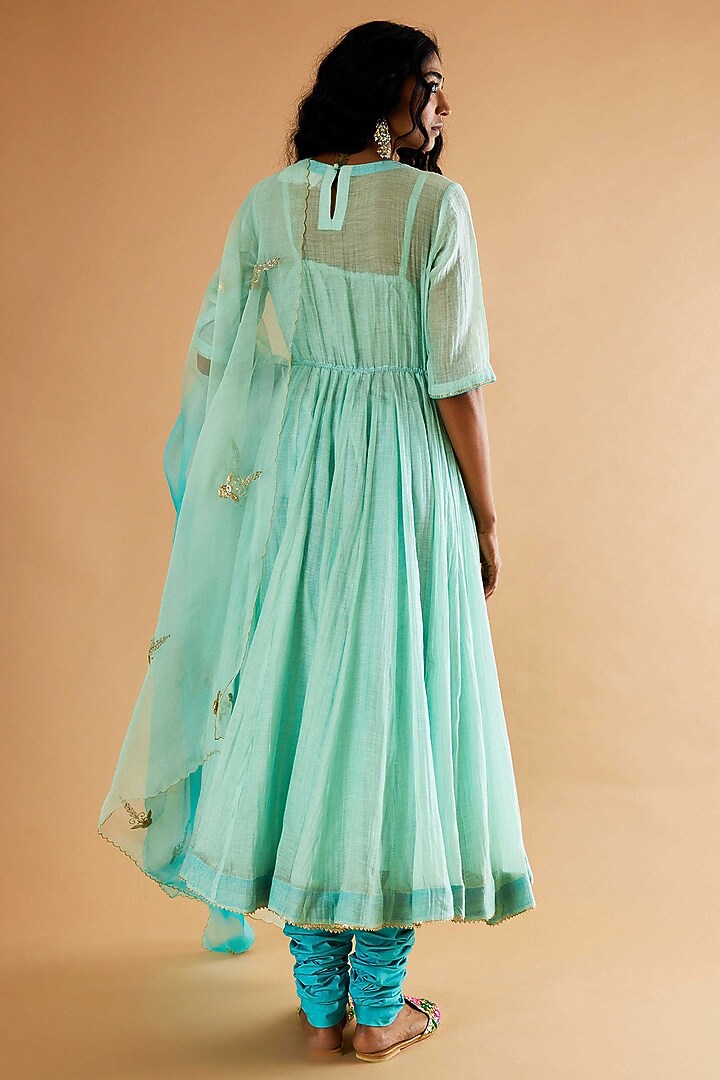 Firozi Blue Pure Mul Chanderi Karchobi Embroidered Wedding Anarkali Set by Sihali Jageer at Pernia's Pop Up Shop