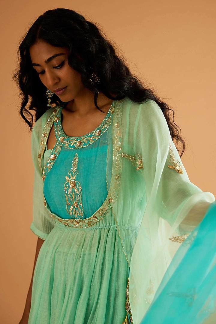 Firozi Blue Pure Mul Chanderi Karchobi Embroidered Wedding Anarkali Set by Sihali Jageer at Pernia's Pop Up Shop