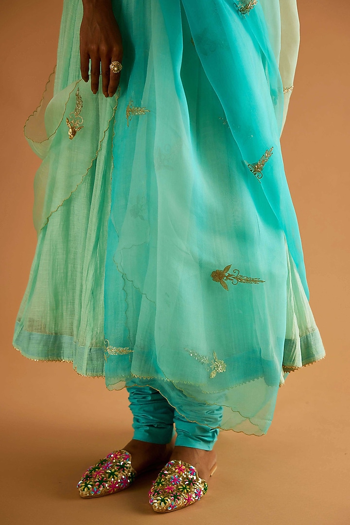 Firozi Blue Pure Mul Chanderi Karchobi Embroidered Wedding Anarkali Set by Sihali Jageer at Pernia's Pop Up Shop
