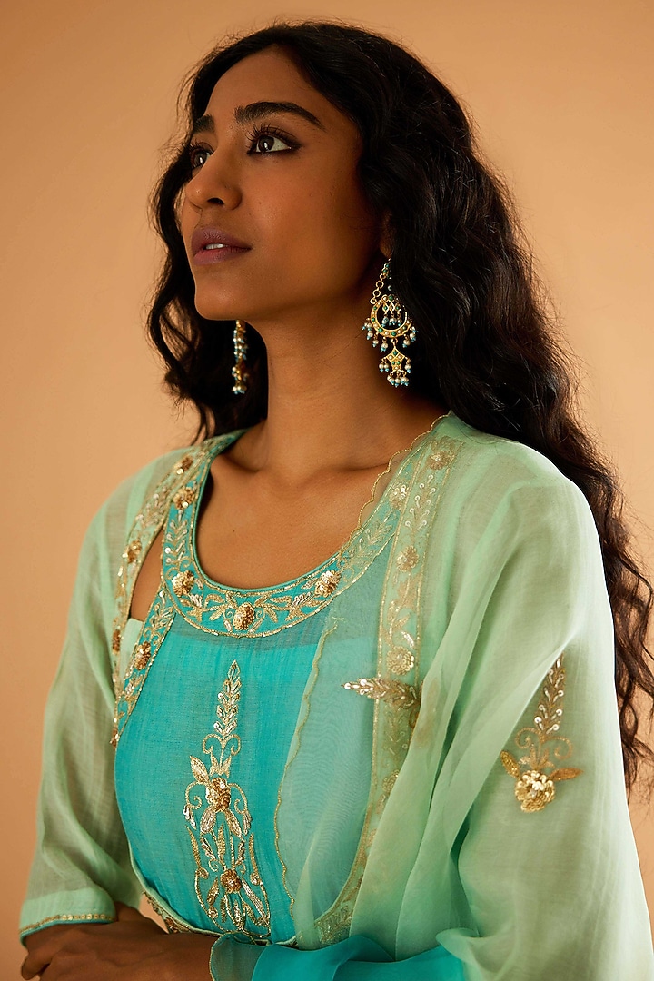 Firozi Blue Pure Mul Chanderi Karchobi Embroidered Wedding Anarkali Set by Sihali Jageer at Pernia's Pop Up Shop