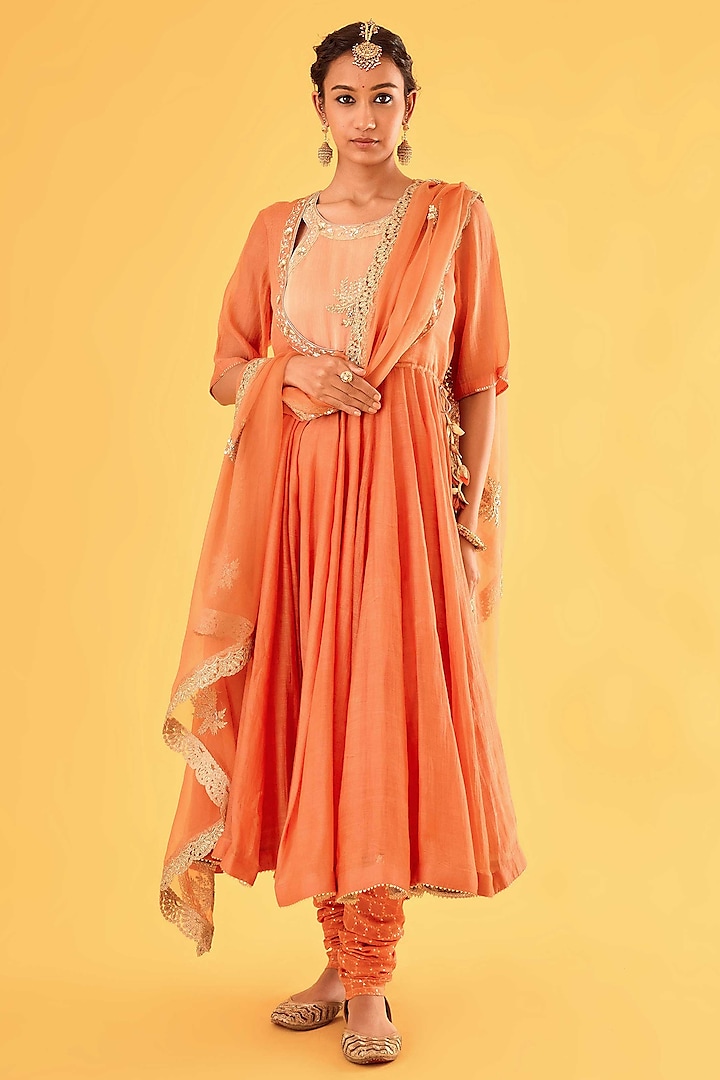 Brick Orange Pure Mul Chanderi Karchobi Embroidered Wedding Anarkali Set by Sihali Jageer at Pernia's Pop Up Shop
