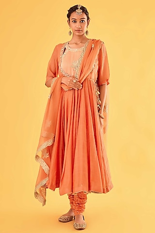 Brick Orange Pure Mul Chanderi Karchobi Embroidered Anarkali Set by Sihali Jageer