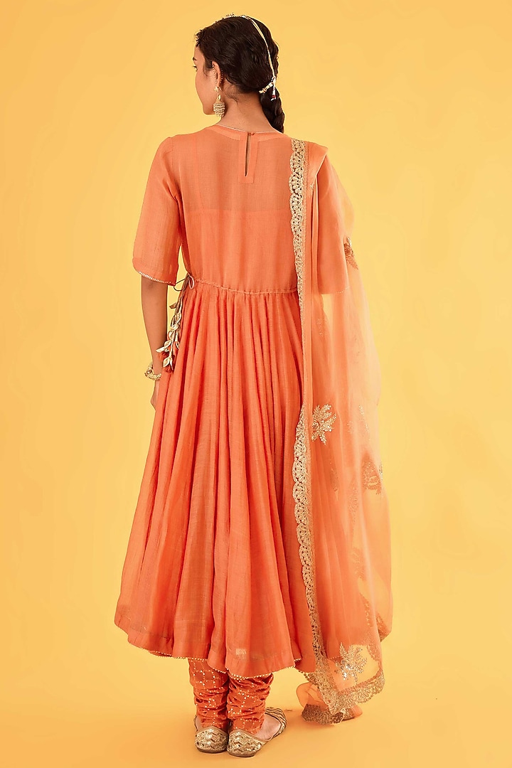 Brick Orange Pure Mul Chanderi Karchobi Embroidered Wedding Anarkali Set by Sihali Jageer at Pernia's Pop Up Shop