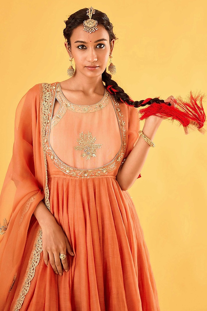 Brick Orange Pure Mul Chanderi Karchobi Embroidered Wedding Anarkali Set by Sihali Jageer at Pernia's Pop Up Shop