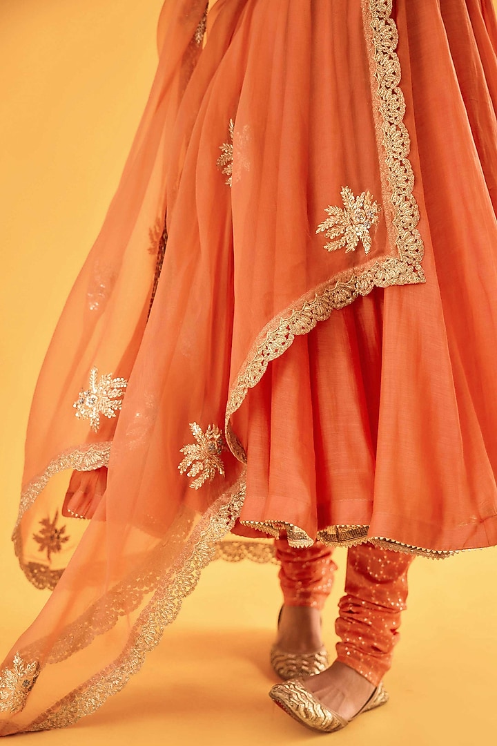 Brick Orange Pure Mul Chanderi Karchobi Embroidered Wedding Anarkali Set by Sihali Jageer at Pernia's Pop Up Shop