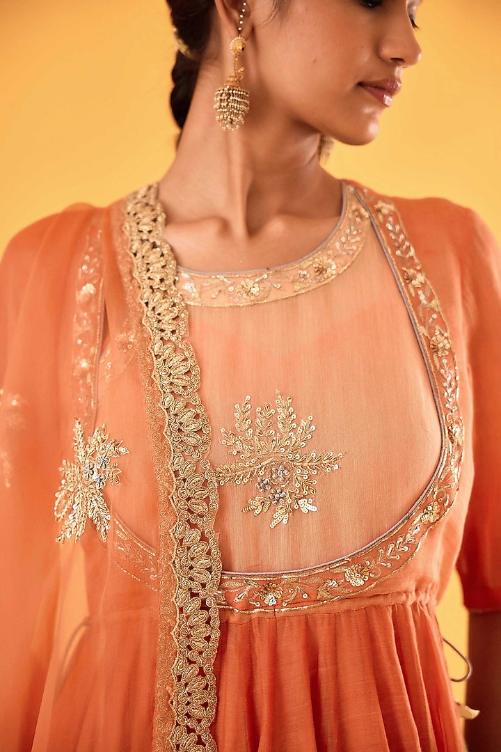 Brick Orange Pure Mul Chanderi Karchobi Embroidered Wedding Anarkali Set by Sihali Jageer at Pernia's Pop Up Shop