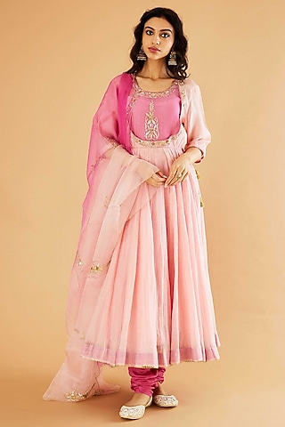 Pink Pure Mul Chanderi Karchobi Embroidered Anarkali Set by Sihali Jageer