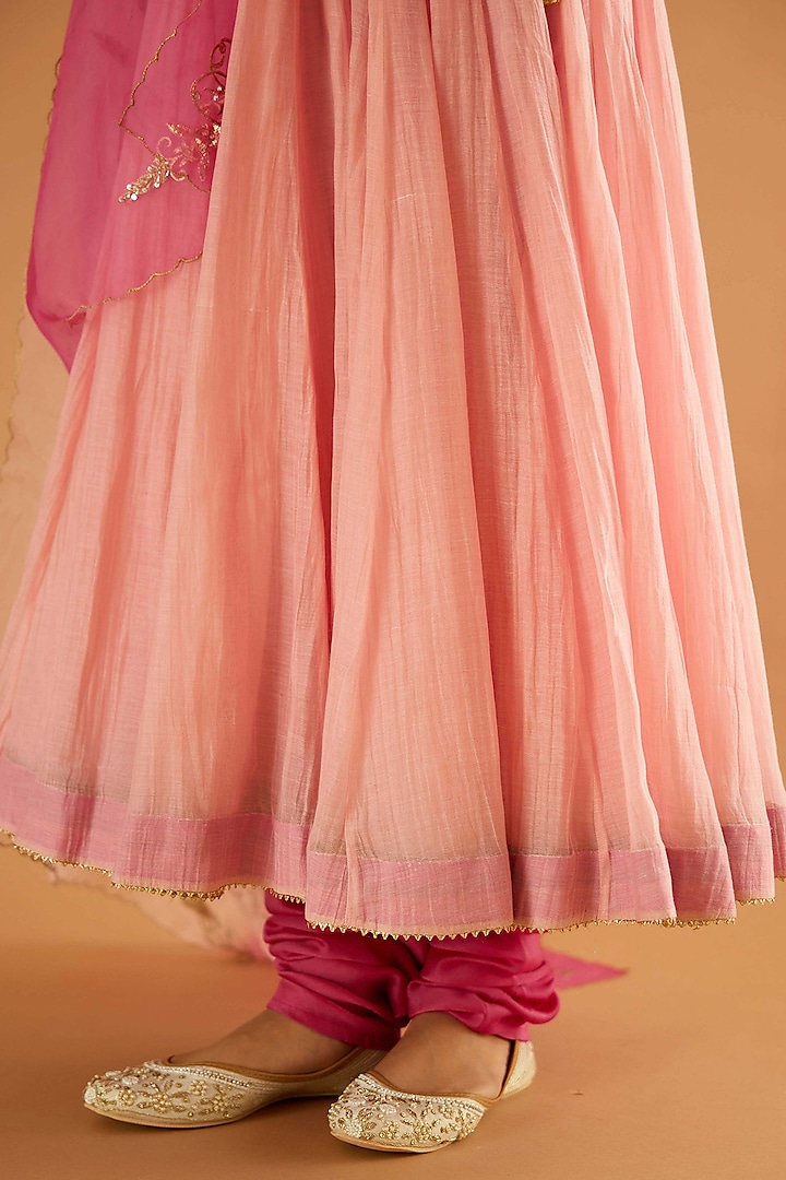 Pink Pure Mul Chanderi Karchobi Embroidered Wedding Anarkali Set by Sihali Jageer at Pernia's Pop Up Shop