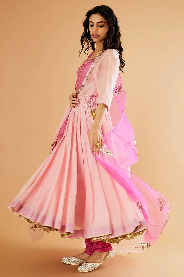 Pink Pure Mul Chanderi Karchobi Embroidered Wedding Anarkali Set by Sihali Jageer at Pernia's Pop Up Shop