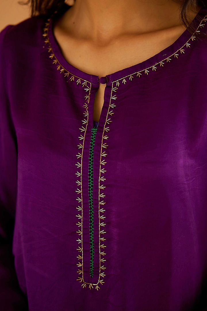 Purple Mashru Silk Karchobi Embroidery A-Line Kurta Set by Sihali Jageer at Pernia's Pop Up Shop