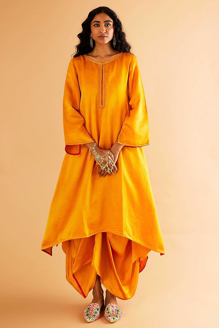 Mustard Mashru Silk Karchobi Embroidery A-Line Kurta Set by Sihali Jageer at Pernia's Pop Up Shop