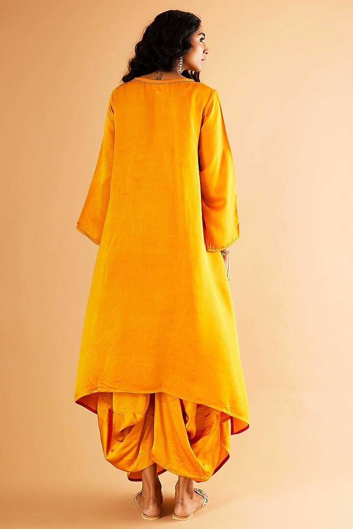 Mustard Mashru Silk Karchobi Embroidery A-Line Kurta Set by Sihali Jageer at Pernia's Pop Up Shop