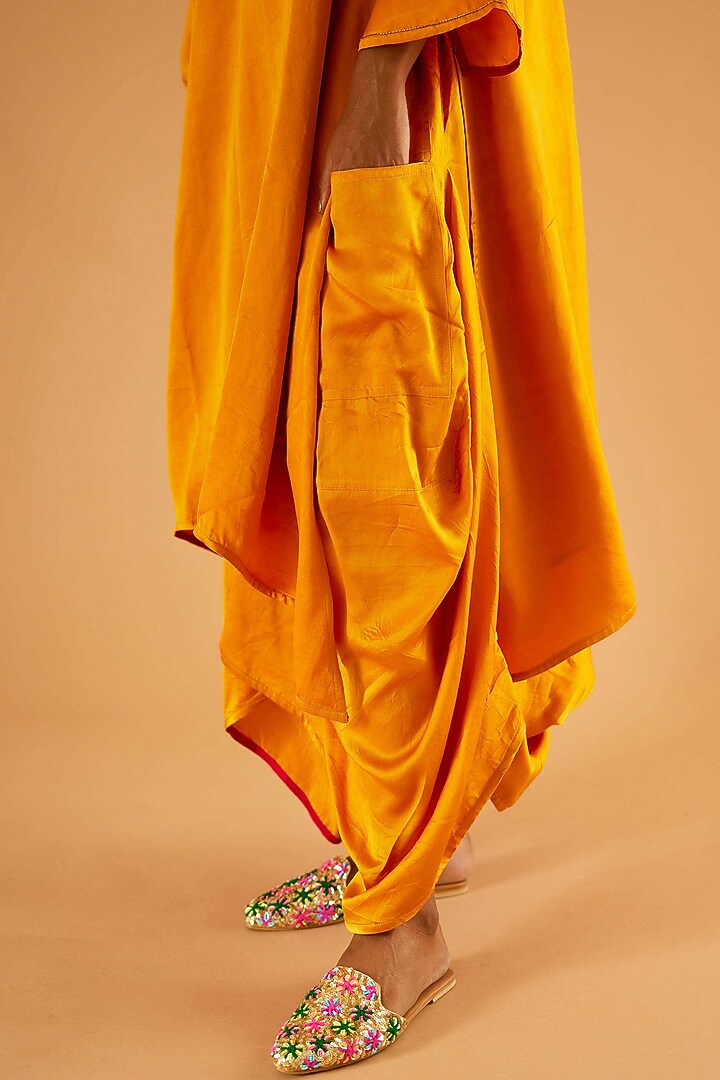 Mustard Mashru Silk Karchobi Embroidery A-Line Kurta Set by Sihali Jageer at Pernia's Pop Up Shop