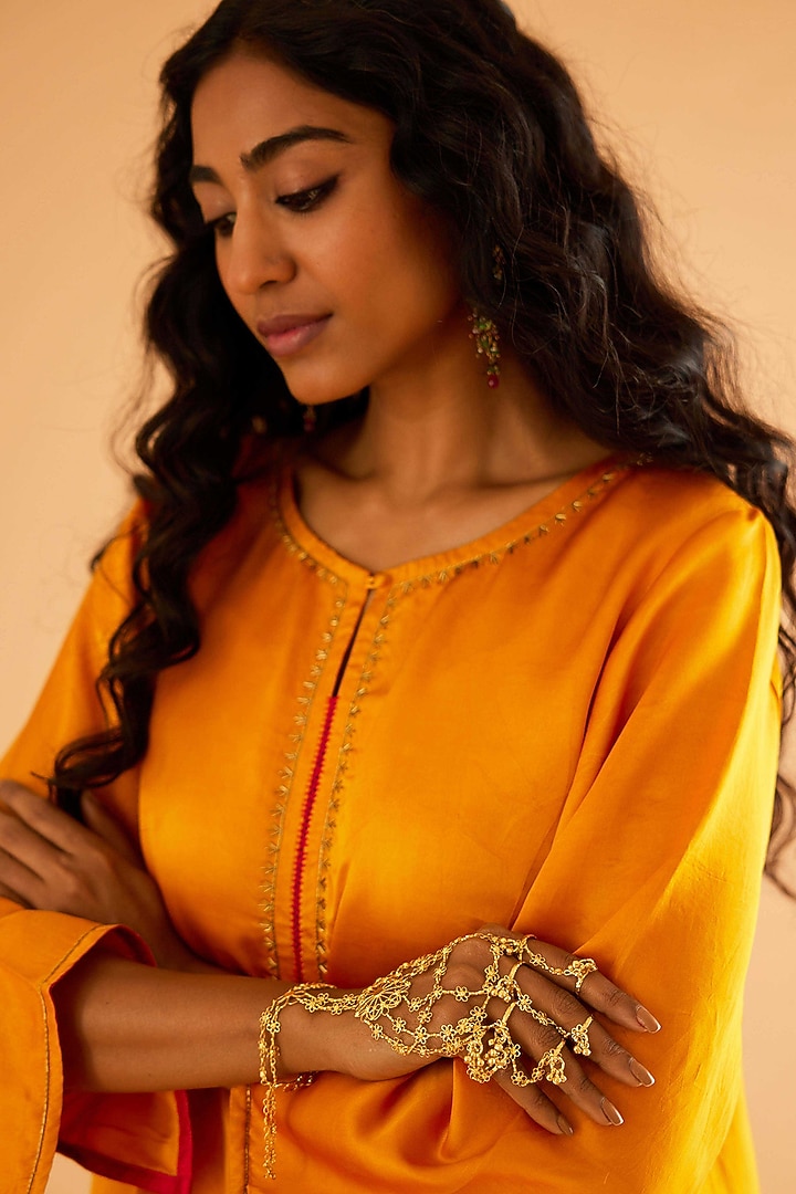 Mustard Mashru Silk Karchobi Embroidery A-Line Kurta Set by Sihali Jageer at Pernia's Pop Up Shop