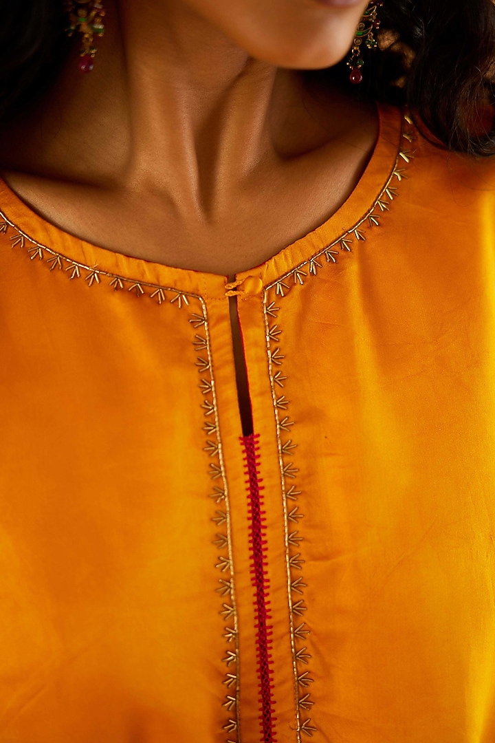 Mustard Mashru Silk Karchobi Embroidery A-Line Kurta Set by Sihali Jageer at Pernia's Pop Up Shop