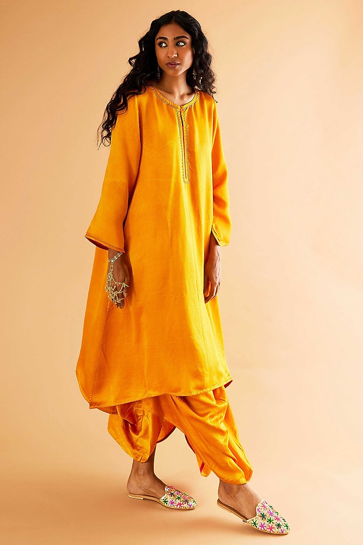 Mustard Mashru Silk Karchobi Embroidery A-Line Kurta Set by Sihali Jageer at Pernia's Pop Up Shop
