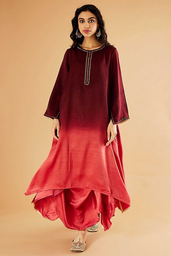 Red & Burgundy Ombre Mashru Silk A-Line Kurta Set by Sihali Jageer at Pernia's Pop Up Shop