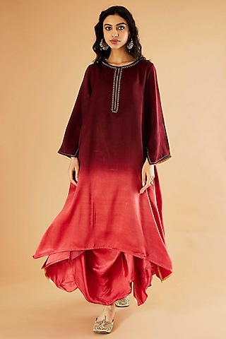 Red & Burgundy Ombre Mashru Silk A-Line Kurta Set by Sihali Jageer