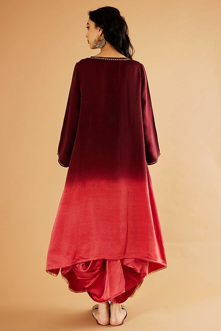 Red & Burgundy Ombre Mashru Silk A-Line Kurta Set by Sihali Jageer at Pernia's Pop Up Shop