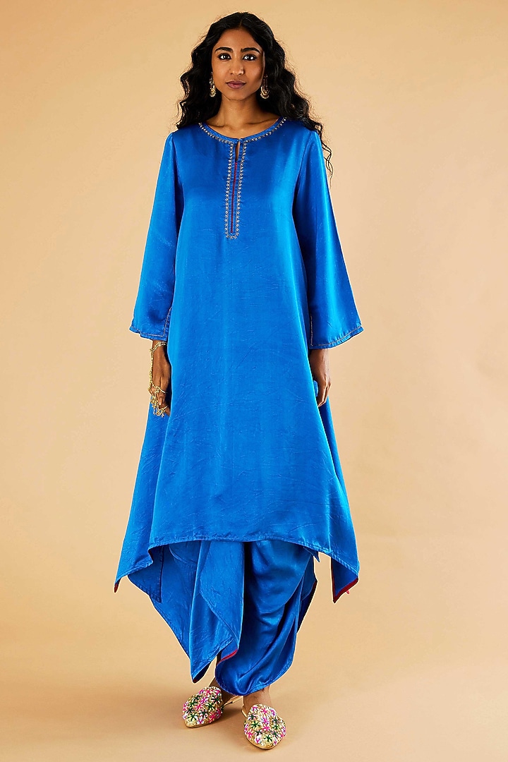 Blue Mashru Silk Karchobi Embroidery A-Line Kurta Set by Sihali Jageer at Pernia's Pop Up Shop