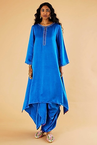 Blue Mashru Silk Karchobi Embroidery A-Line Kurta Set by Sihali Jageer