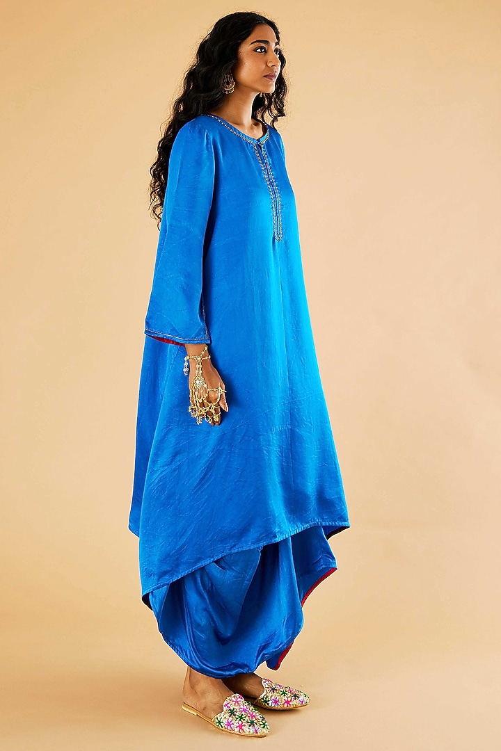 Blue Mashru Silk Karchobi Embroidery A-Line Kurta Set by Sihali Jageer at Pernia's Pop Up Shop