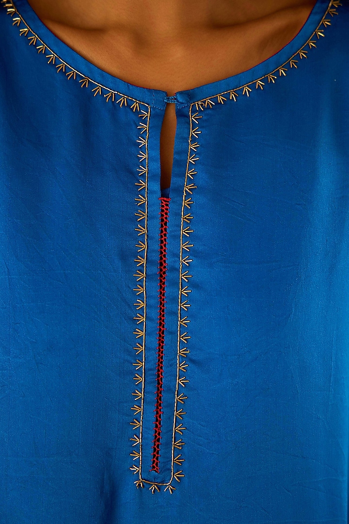 Blue Mashru Silk Karchobi Embroidery A-Line Kurta Set by Sihali Jageer at Pernia's Pop Up Shop