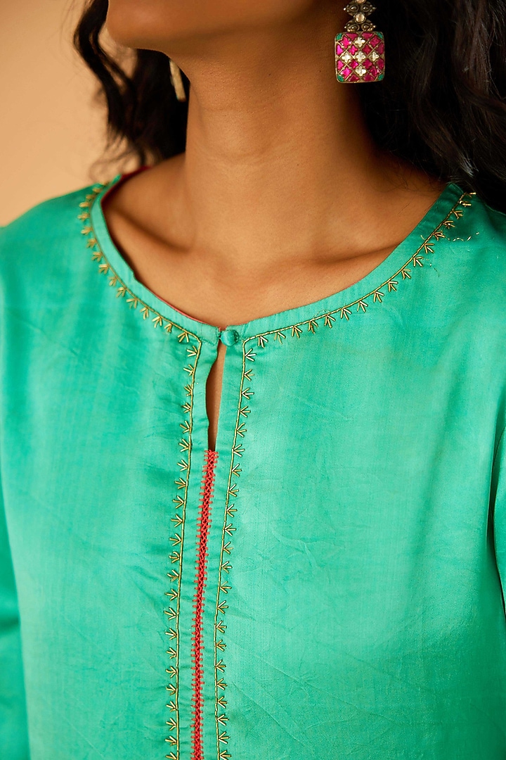 Firozi Blue Mashru Silk Karchobi Embroidery A-Line Kurta Set by Sihali Jageer at Pernia's Pop Up Shop