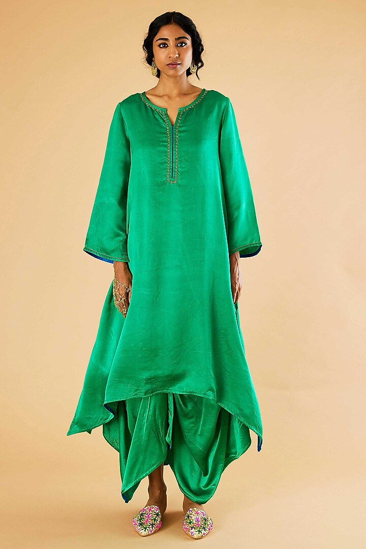 Green Mashru Silk Karchobi Embroidery A-Line Kurta Set by Sihali Jageer at Pernia's Pop Up Shop