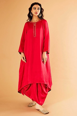 Red Mashru Silk Karchobi Embroidery A-Line Kurta Set by Sihali Jageer