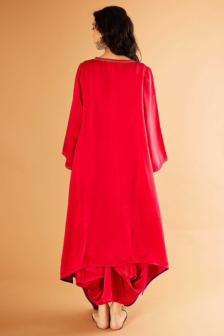 Red Mashru Silk Karchobi Embroidery A-Line Kurta Set by Sihali Jageer at Pernia's Pop Up Shop