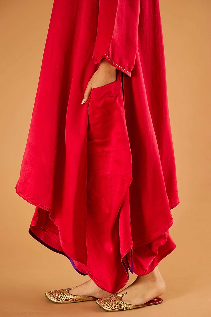 Red Mashru Silk Karchobi Embroidery A-Line Kurta Set by Sihali Jageer at Pernia's Pop Up Shop