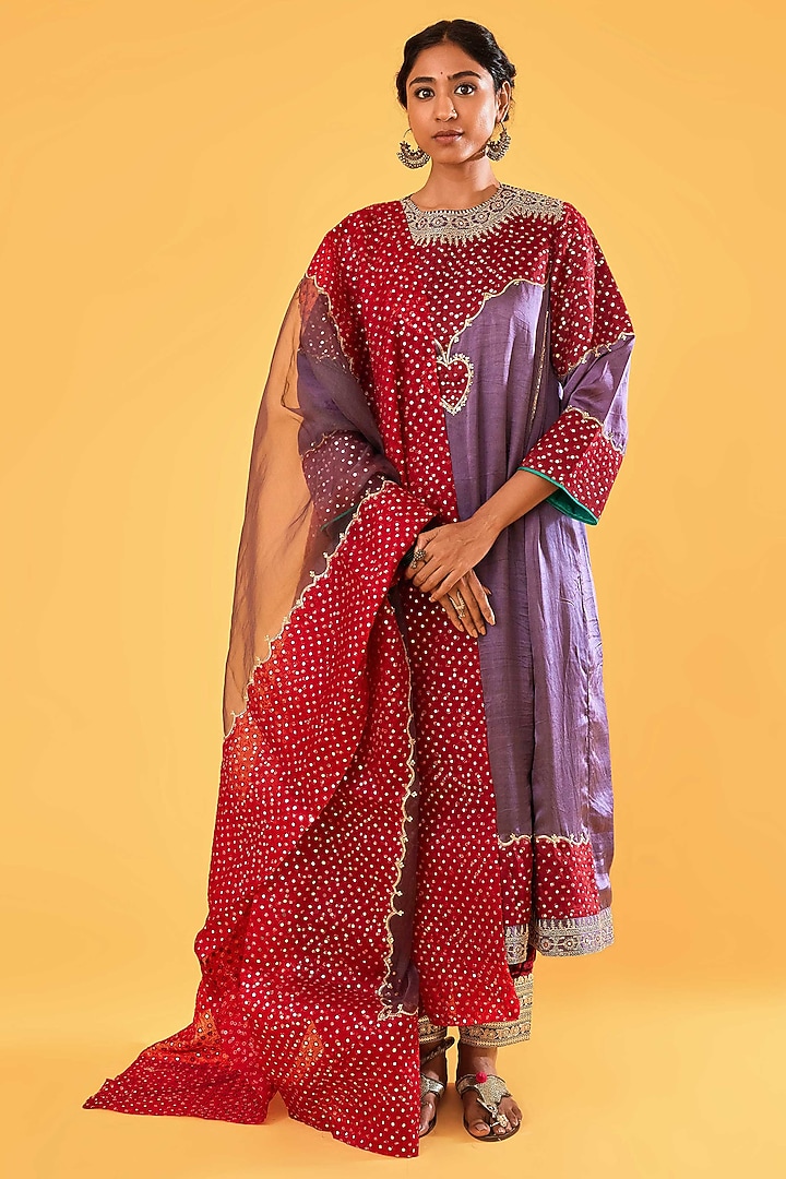 Deep Mauve & Red Mashru Silk Mirror Embroidered Kurta Set by Sihali Jageer at Pernia's Pop Up Shop