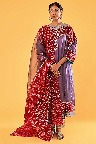 Deep Mauve & Red Mashru Silk Mirror Embroidered Kurta Set by Sihali Jageer