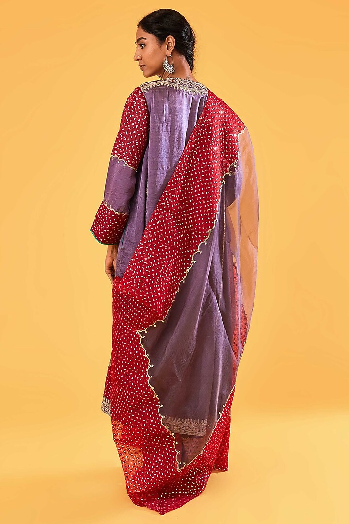Deep Mauve & Red Mashru Silk Mirror Embroidered Kurta Set by Sihali Jageer at Pernia's Pop Up Shop