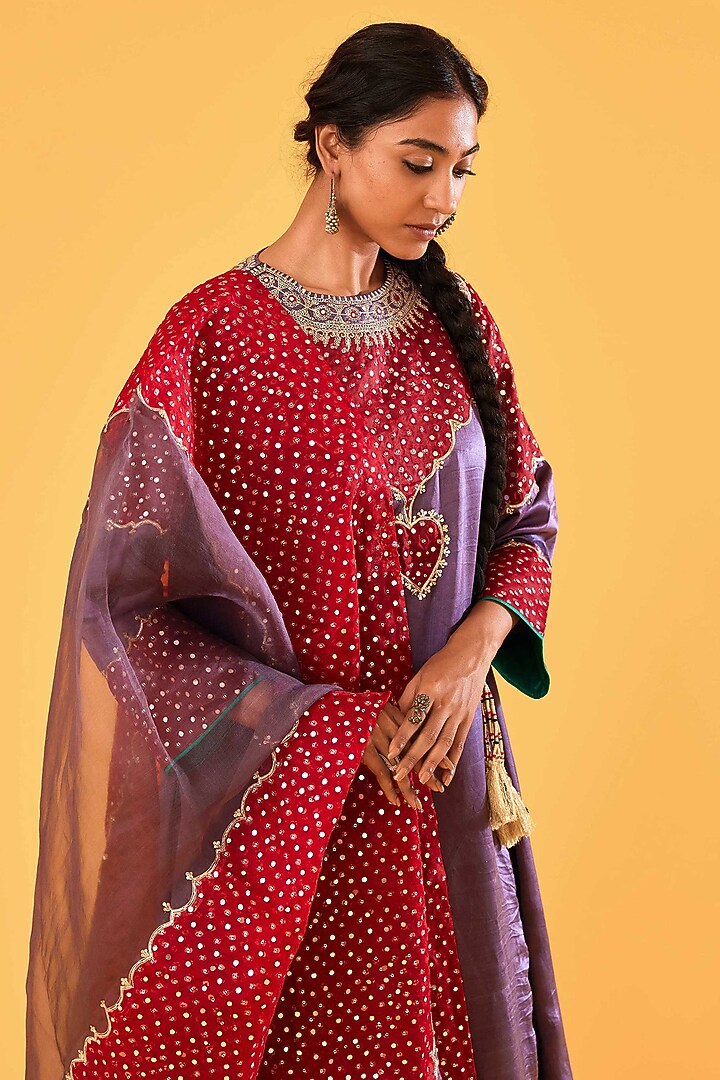 Deep Mauve & Red Mashru Silk Mirror Embroidered Kurta Set by Sihali Jageer at Pernia's Pop Up Shop