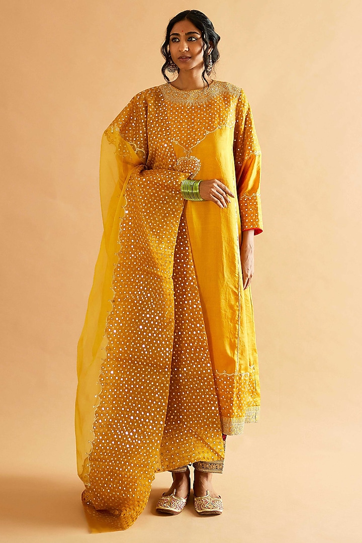 Mustard Mashru Silk Mirror Embroidered Kurta Set by Sihali Jageer at Pernia's Pop Up Shop