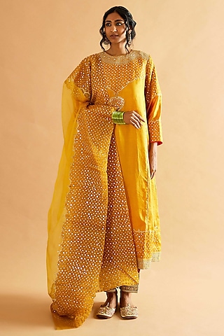 Mustard Mashru Silk Mirror Embroidered Kurta Set by Sihali Jageer