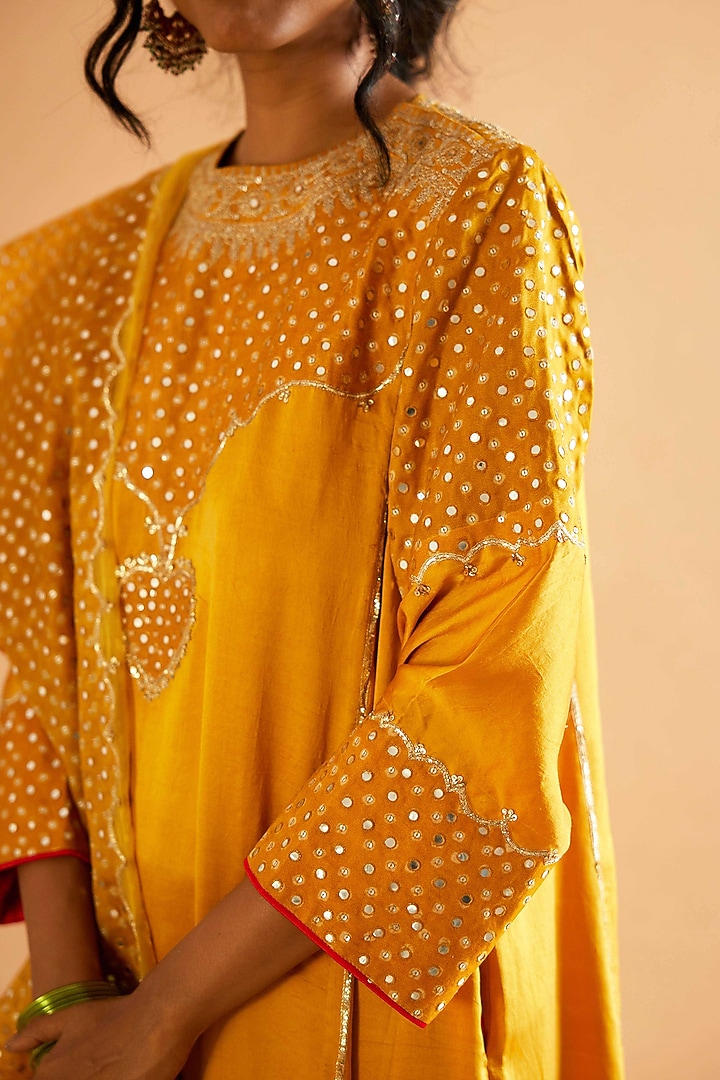 Mustard Mashru Silk Mirror Embroidered Kurta Set by Sihali Jageer at Pernia's Pop Up Shop