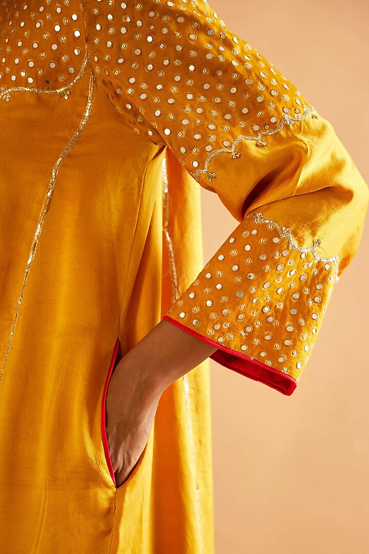 Mustard Mashru Silk Mirror Embroidered Kurta Set by Sihali Jageer at Pernia's Pop Up Shop