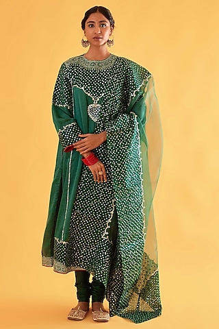 Green Mashru Silk Mirror Embroidered Kurta Set by Sihali Jageer