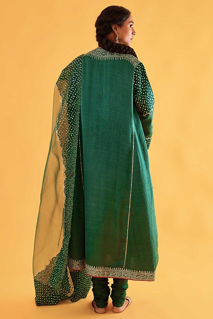 Green Mashru Silk Mirror Embroidered Kurta Set by Sihali Jageer at Pernia's Pop Up Shop