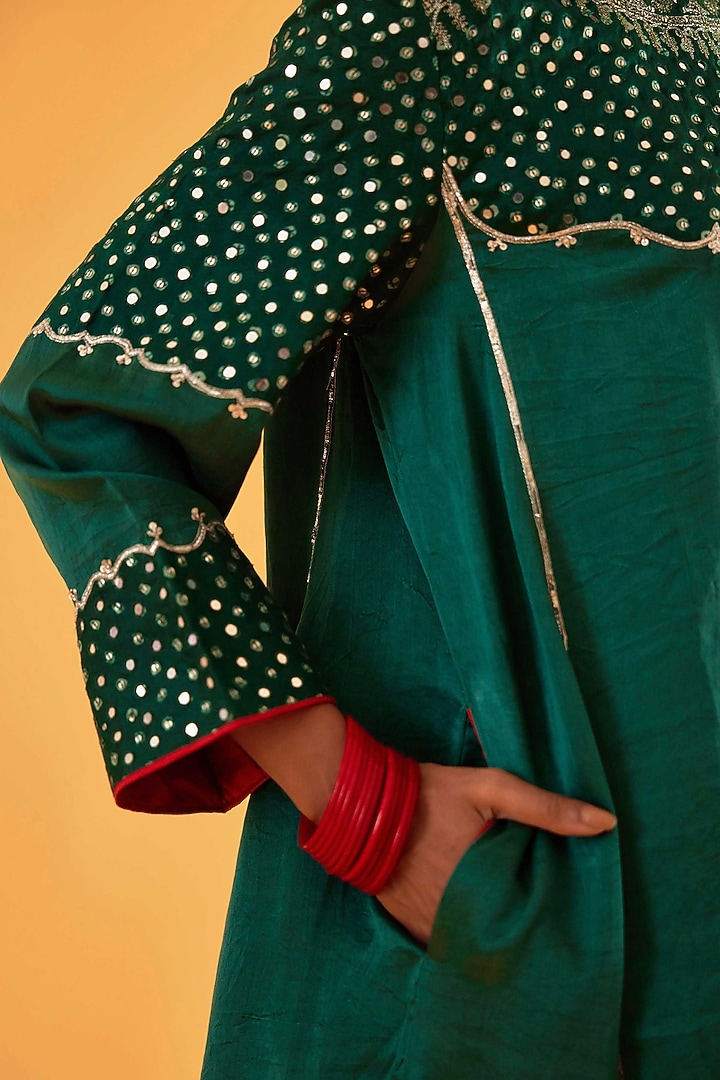Green Mashru Silk Mirror Embroidered Kurta Set by Sihali Jageer at Pernia's Pop Up Shop