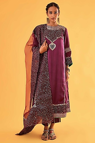 Plum Mashru Silk Mirror Embroidered Kurta Set by Sihali Jageer