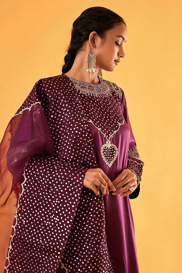 Plum Mashru Silk Mirror Embroidered Kurta Set by Sihali Jageer at Pernia's Pop Up Shop