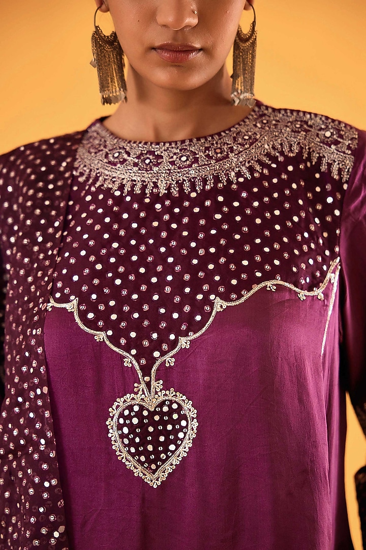 Plum Mashru Silk Mirror Embroidered Kurta Set by Sihali Jageer at Pernia's Pop Up Shop