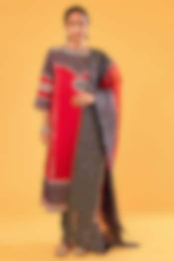 Black & Red Mashru Silk Mirror Embroidered Kurta Set by Sihali Jageer at Pernia's Pop Up Shop