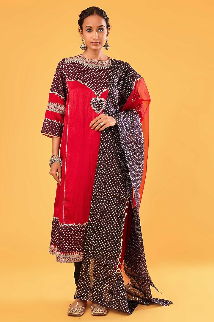 Black & Red Mashru Silk Mirror Embroidered Kurta Set by Sihali Jageer at Pernia's Pop Up Shop